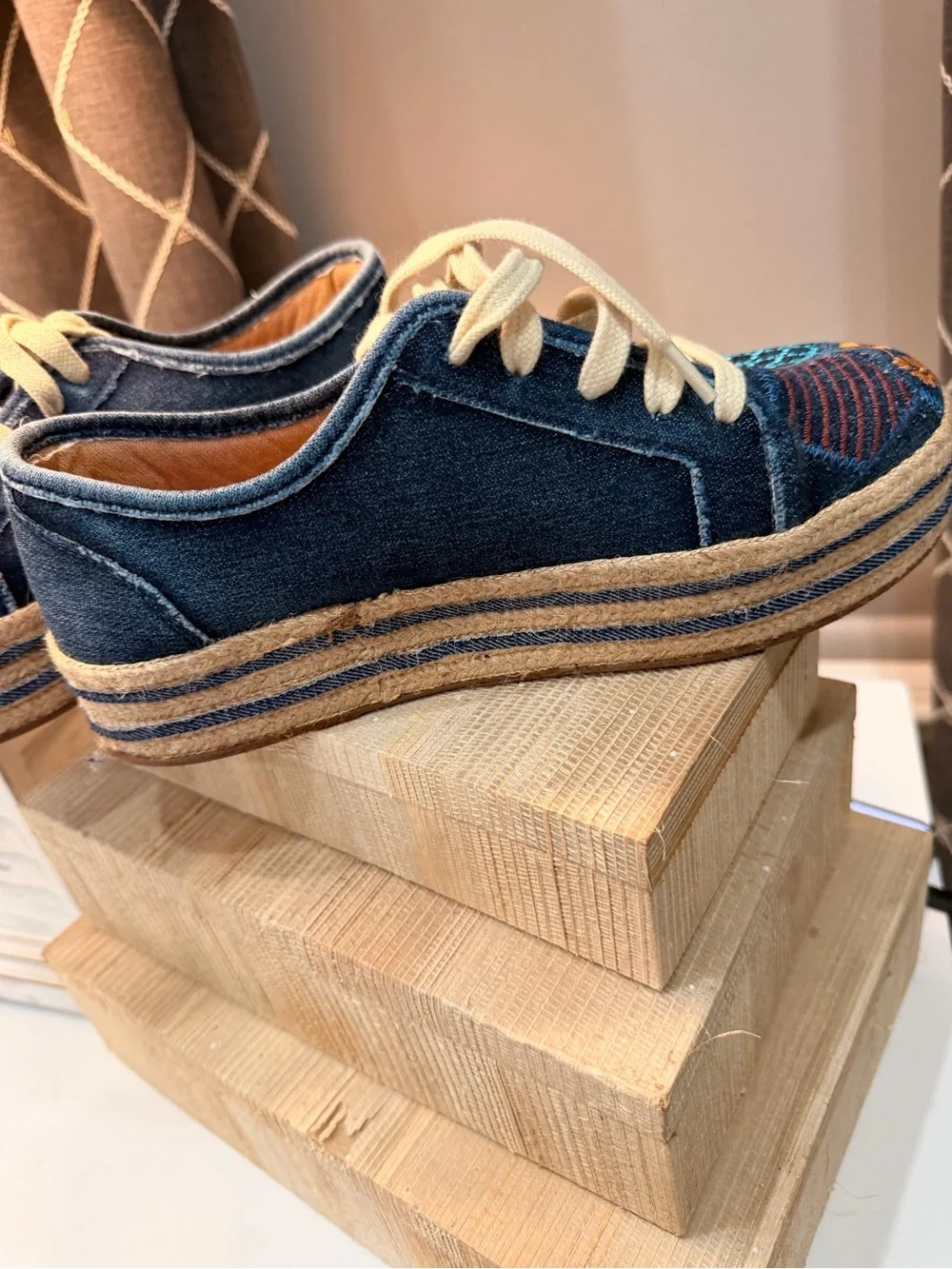 CLÉE Embroidered Denim Patchwork Espadrille Platform Sneakers – Size 7